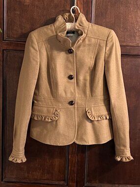 J CREW x ROBERT NOBLE WOOL RUFFLE BLAZER JACKET CAMEL TAN
